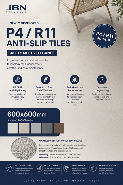 JBN Ceramics Unveils Revolutionary P4/R11 Non-Slip Tiles: The Perfect Blend of Smooth Touch and Safety